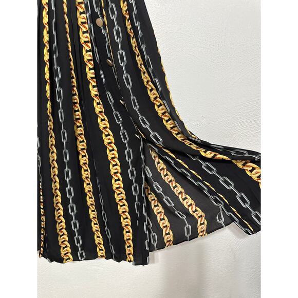 VTG Mamo Midi Pleated Skirt S Black Gold Silver Chain Baroque Print Luxury Glam - Picture 3 of 12